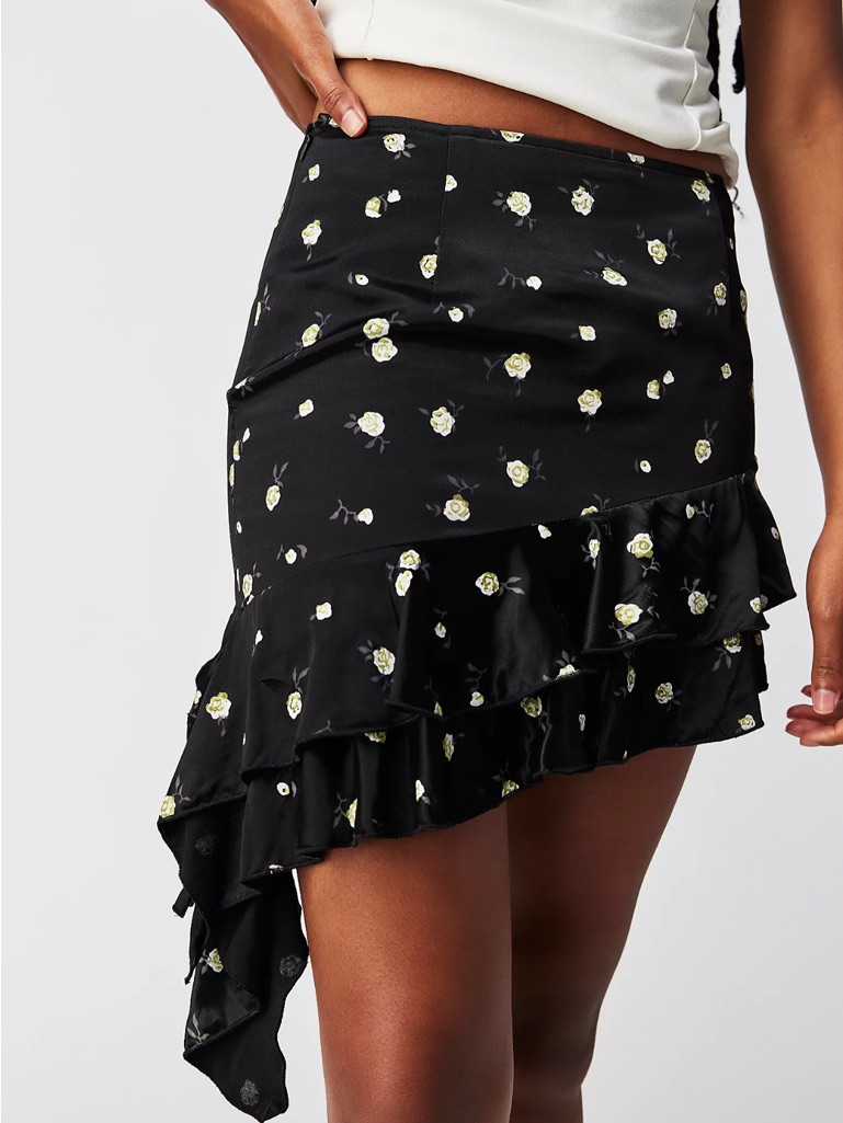 Kim Shui Free People Collab Black Floral Asymmetric Ruffle Mini Skirt (002)